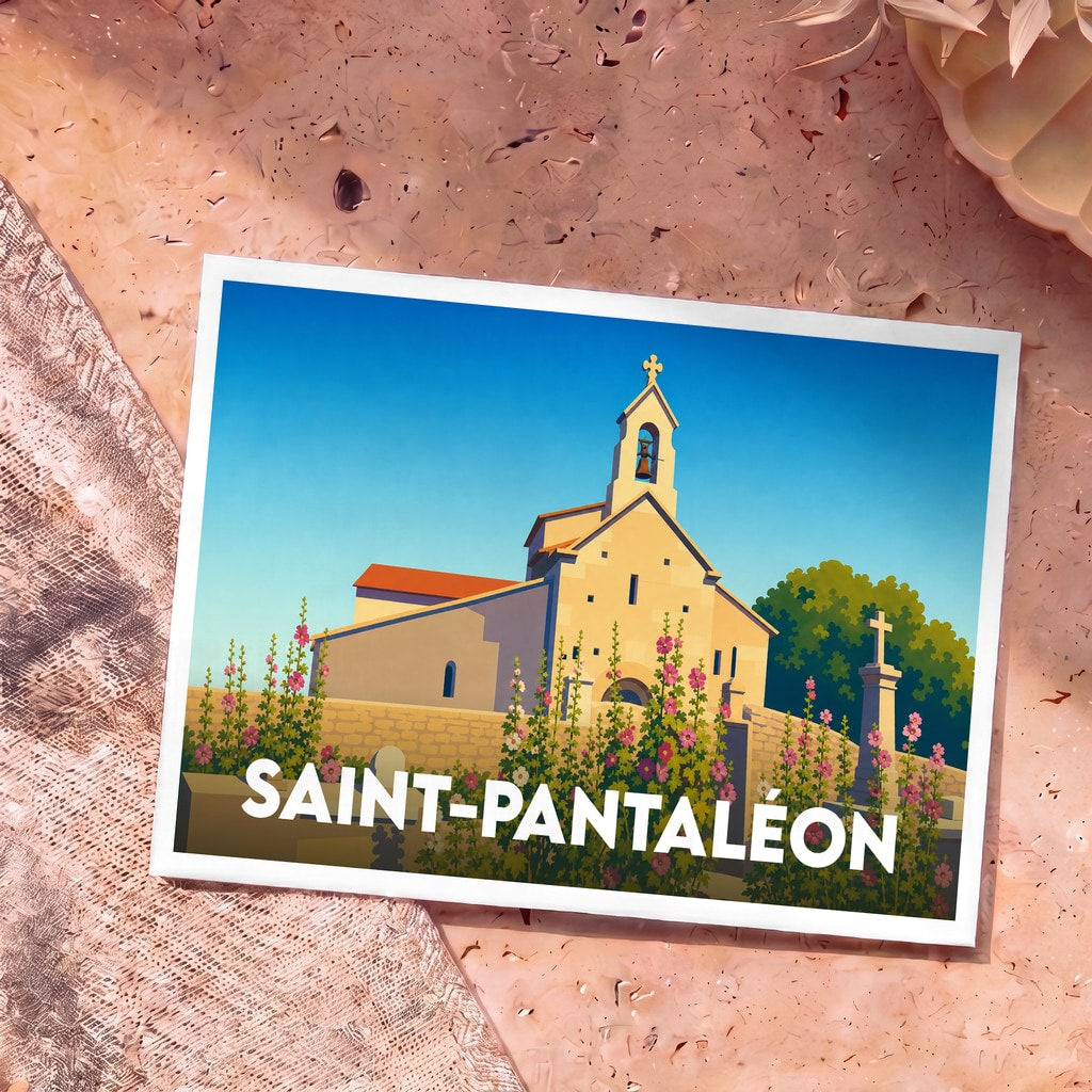 Carte postale souvenir de la ville de Saint-Pantaléon avec une illustration stylisée de son église romane.