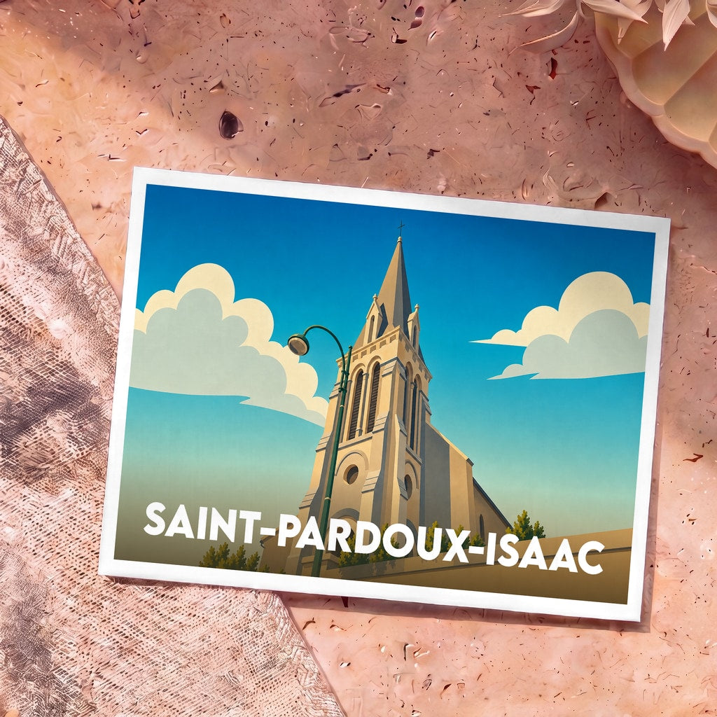 Carte postale souvenir de la ville de Saint-Pardoux-Isaac avec une illustration stylisée de son église sous un ciel bleu.