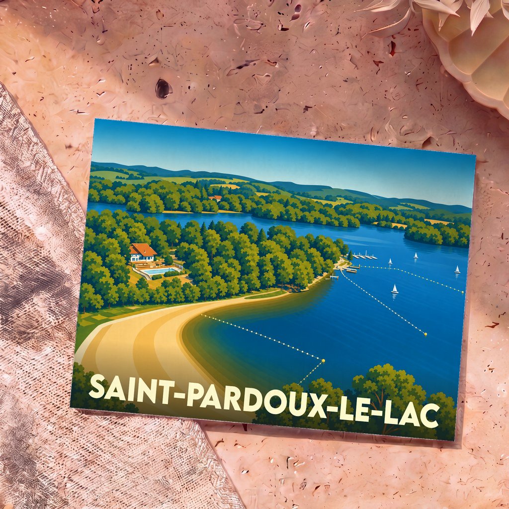 Carte postale souvenir de Saint-Pardoux-le-Lac illustrant son lac et ses paysages boisés dans un style vintage.