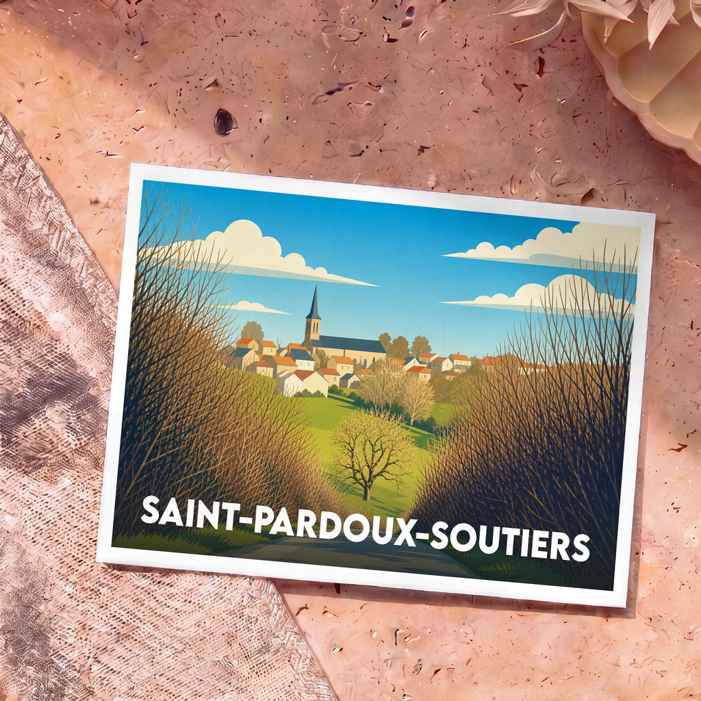 Carte postale souvenir de la commune de Saint-Pardoux-Soutiers avec une illustration paysagère stylisée.