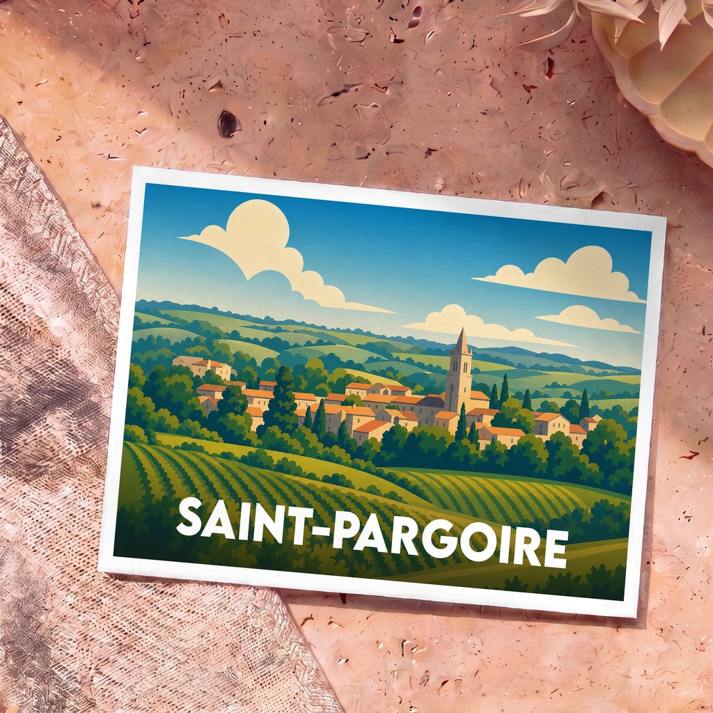 Carte postale souvenir de la ville de Saint-Pargoire avec une illustration stylisée de son paysage vallonné.
