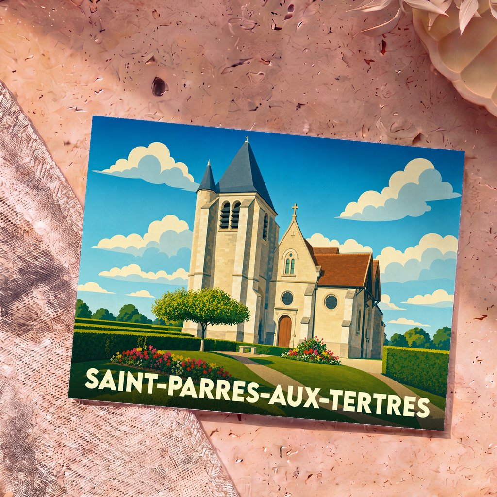 Carte postale souvenir de la ville de Saint-Parres-aux-Tertres avec une illustration stylisée de son église.