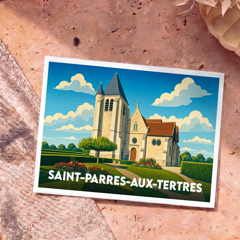 Carte postale souvenir de la ville de Saint-Parres-aux-Tertres avec une illustration stylisée de son église.