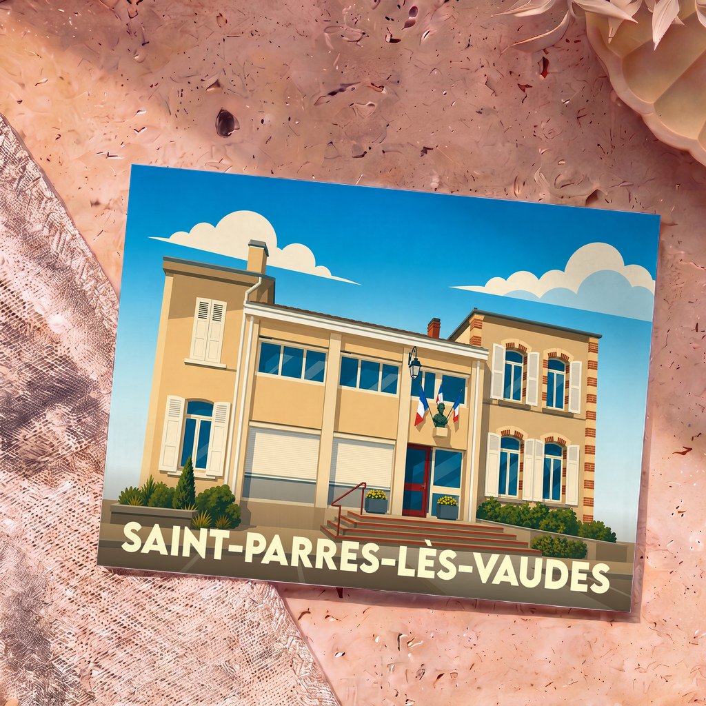 Carte postale souvenir de la ville de Saint-Parres-lès-Vaudes avec une illustration stylisée de sa mairie.