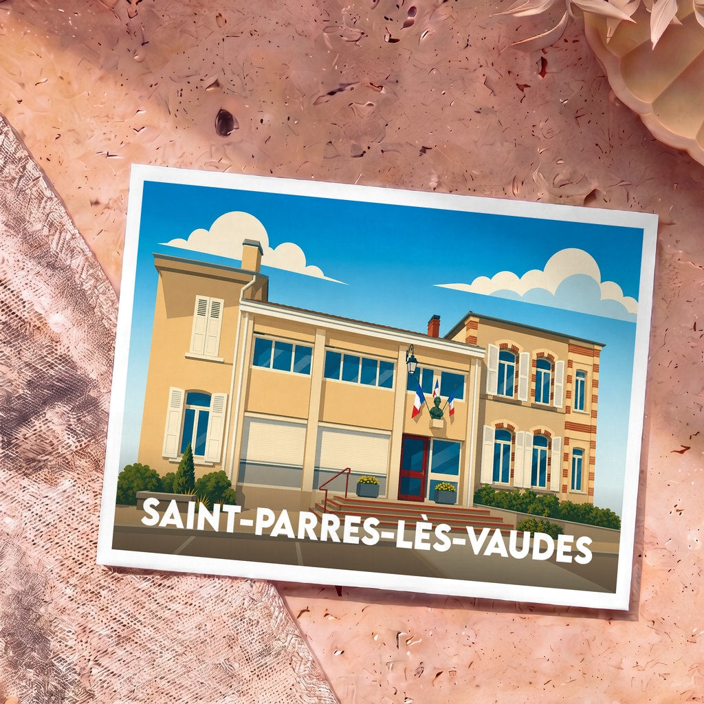 Carte postale souvenir de la ville de Saint-Parres-lès-Vaudes avec une illustration stylisée de sa mairie.