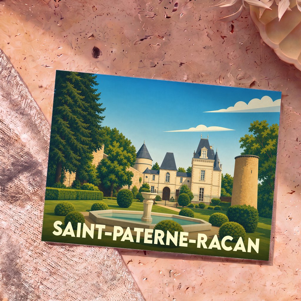 Carte postale souvenir de la ville de Saint-Paterne-Racan avec une illustration stylisée d'un château et de ses jardins.