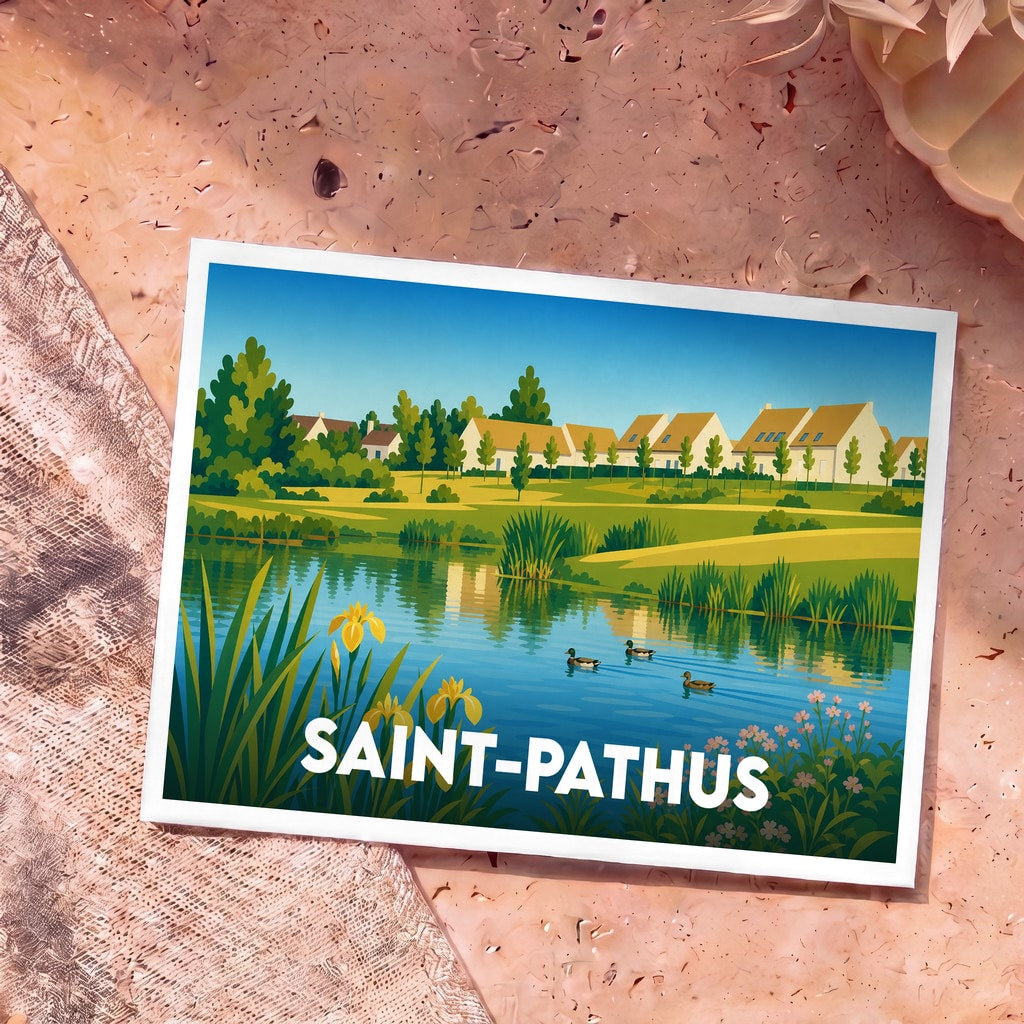 Carte postale souvenir de la ville de Saint-Pathus avec une illustration stylisée d'un étang et de maisons.