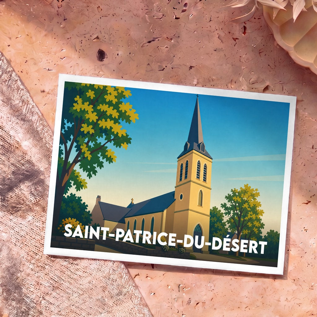 Carte postale souvenir de la ville de Saint-Patrice-du-Désert avec une illustration stylisée de son église.