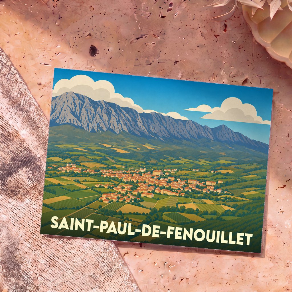 Carte postale souvenir de la ville de Saint-Paul-de-Fenouillet avec une illustration stylisée de sa vallée et de ses montagnes.