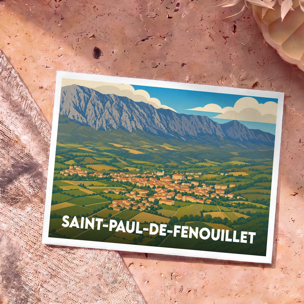 Carte postale souvenir de la ville de Saint-Paul-de-Fenouillet avec une illustration stylisée de sa vallée et de ses montagnes.