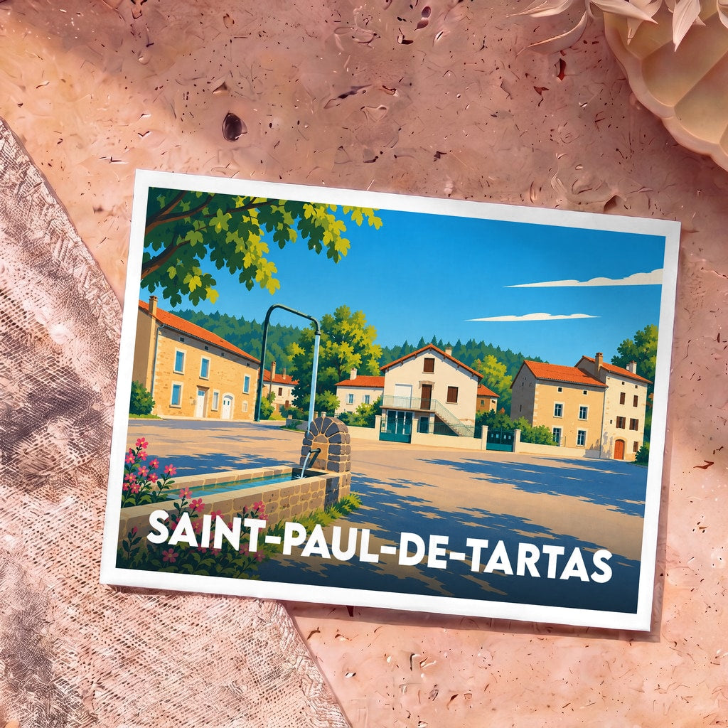 Carte postale souvenir de la ville de Saint-Paul-de-Tartas avec une illustration stylisée de sa place principale.