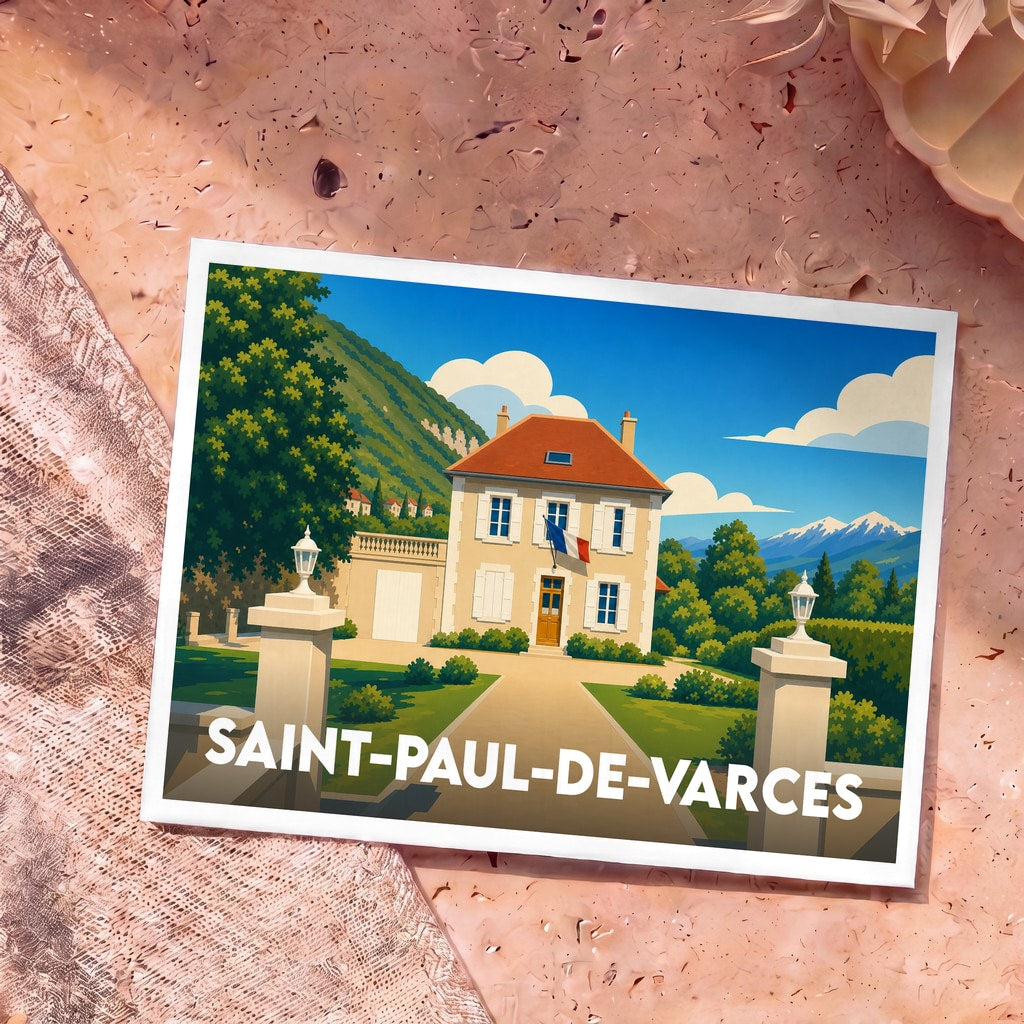 Carte postale souvenir de la ville de Saint-Paul-de-Varces avec une illustration stylisée.