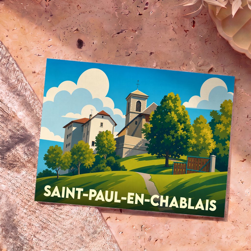 Carte postale souvenir de la ville de Saint-Paul-en-Chablais avec une illustration stylisée de son église et de ses paysages.