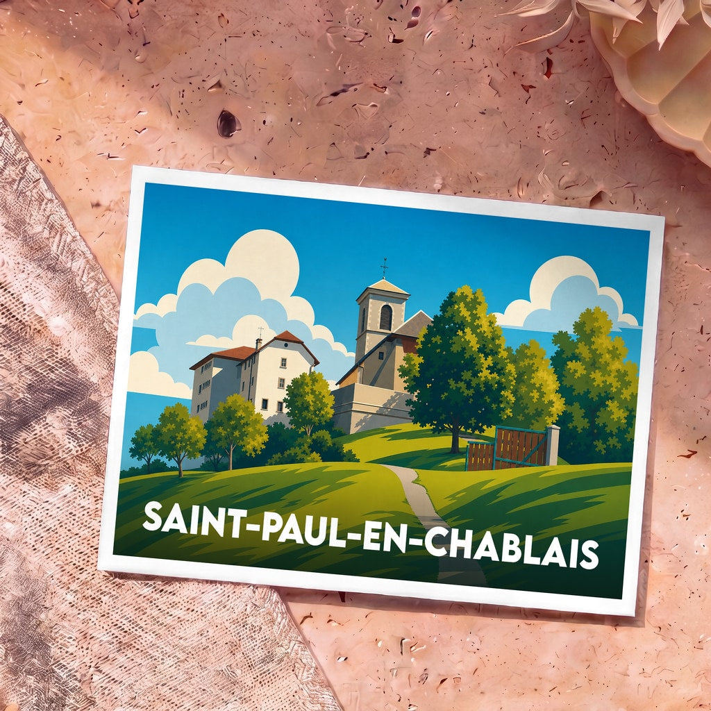 Carte postale souvenir de la ville de Saint-Paul-en-Chablais avec une illustration stylisée de son église et de ses paysages.