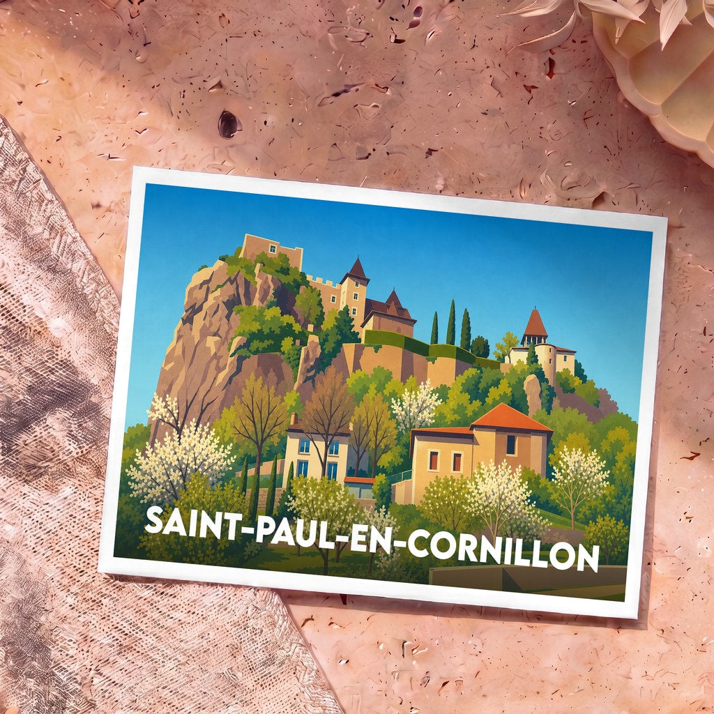 Carte postale souvenir de la ville de Saint-Paul-en-Cornillon avec une illustration stylisée de son château sur un éperon rocheux.