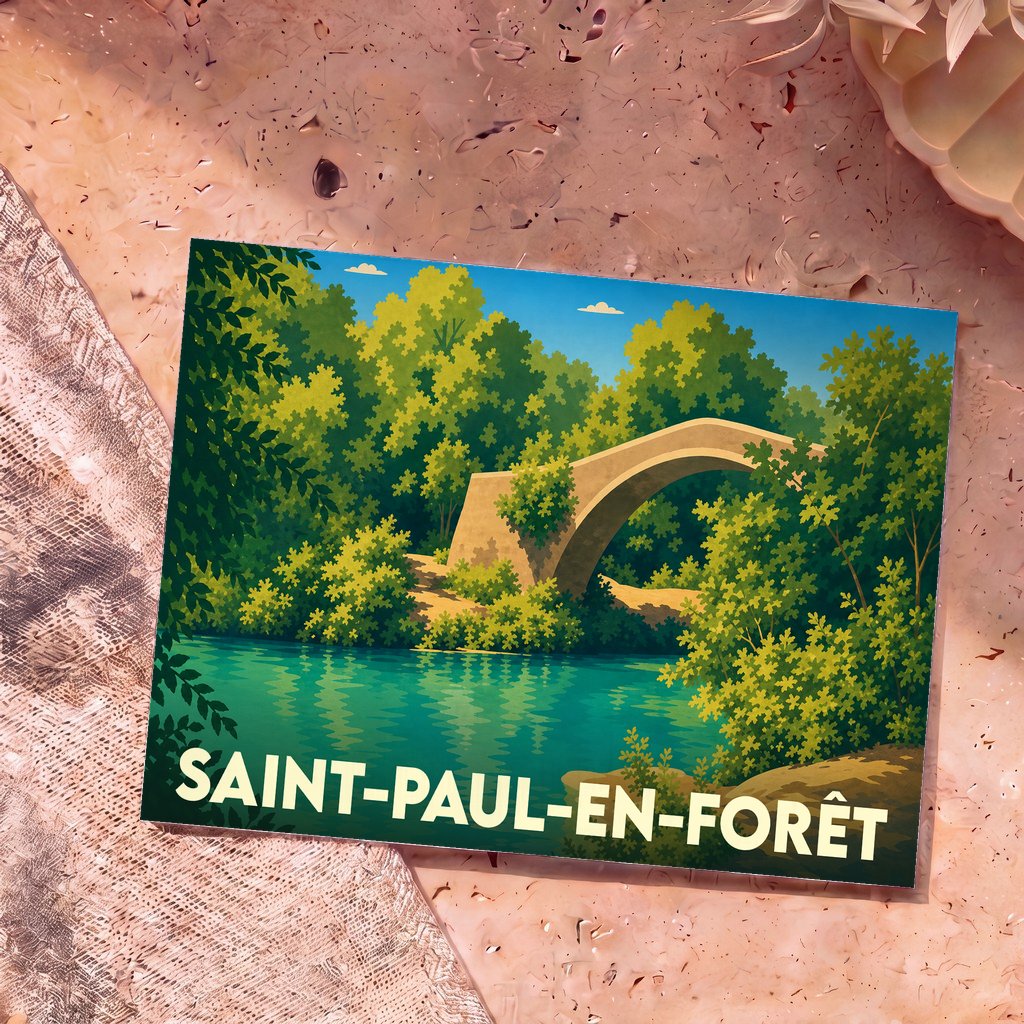 Carte postale souvenir de la ville de Saint-Paul-en-Forêt avec une illustration stylisée d'un pont en pierre au-dessus d'une rivière.