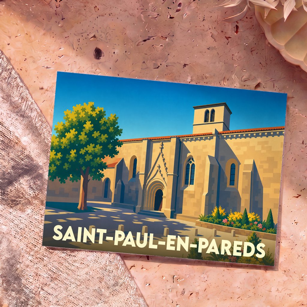 Carte postale souvenir de la ville de Saint-Paul-en-Pareds avec une illustration stylisée de son église.