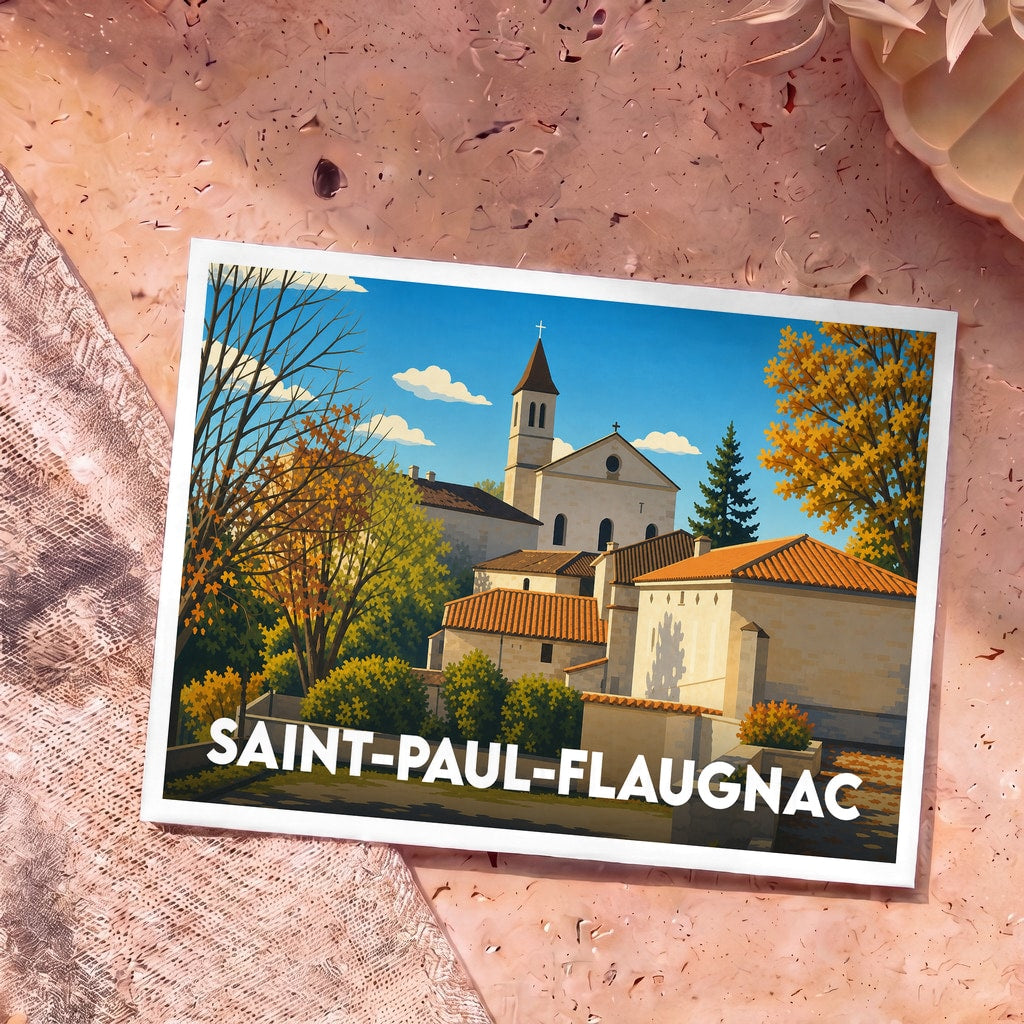 Carte postale souvenir de la ville de Saint-Paul-Flaugnac avec une illustration stylisée de son église et de ses paysages automnaux.