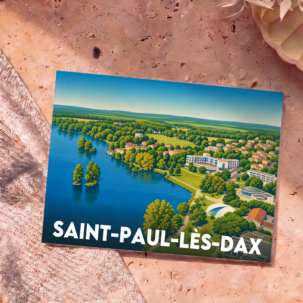 Carte postale souvenir de la ville de Saint-Paul-lès-Dax avec une illustration stylisée d'un lac bordé de verdure et de bâtiments.