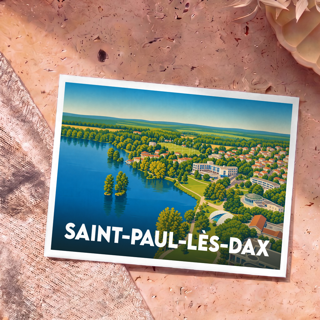 Carte postale souvenir de la ville de Saint-Paul-lès-Dax avec une illustration stylisée d'un lac bordé de verdure et de bâtiments.