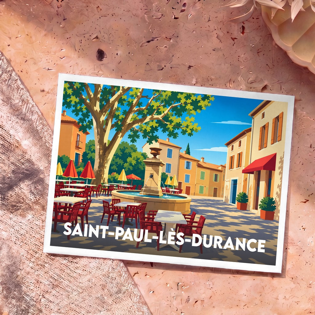 Carte postale souvenir de la ville de Saint-Paul-lès-Durance avec une illustration stylisée d'une place ensoleillée.