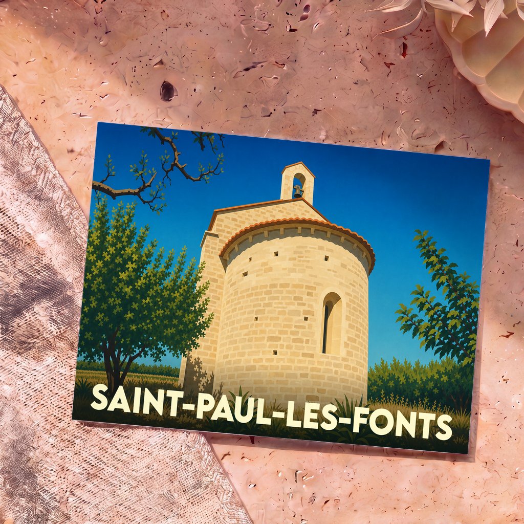 Carte postale souvenir de la ville de Saint-Paul-les-Fonts illustrant sa chapelle romane dans un style graphique épuré.