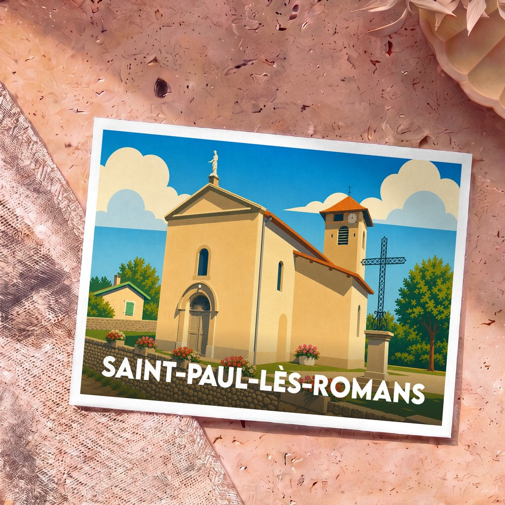 Carte postale souvenir de la ville de Saint-Paul-lès-Romans avec une illustration stylisée de son église.
