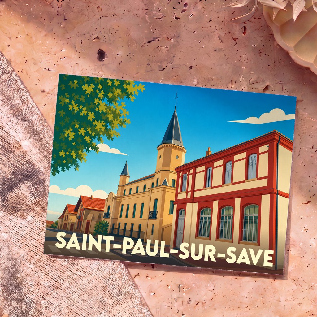 Carte postale souvenir de la ville de Saint-Paul-sur-Save avec une illustration stylisée de ses bâtiments emblématiques.