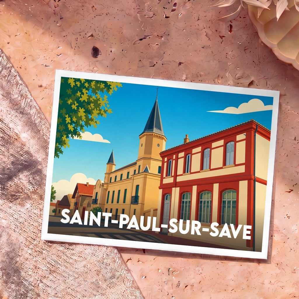 Carte postale souvenir de la ville de Saint-Paul-sur-Save avec une illustration stylisée de ses bâtiments emblématiques.