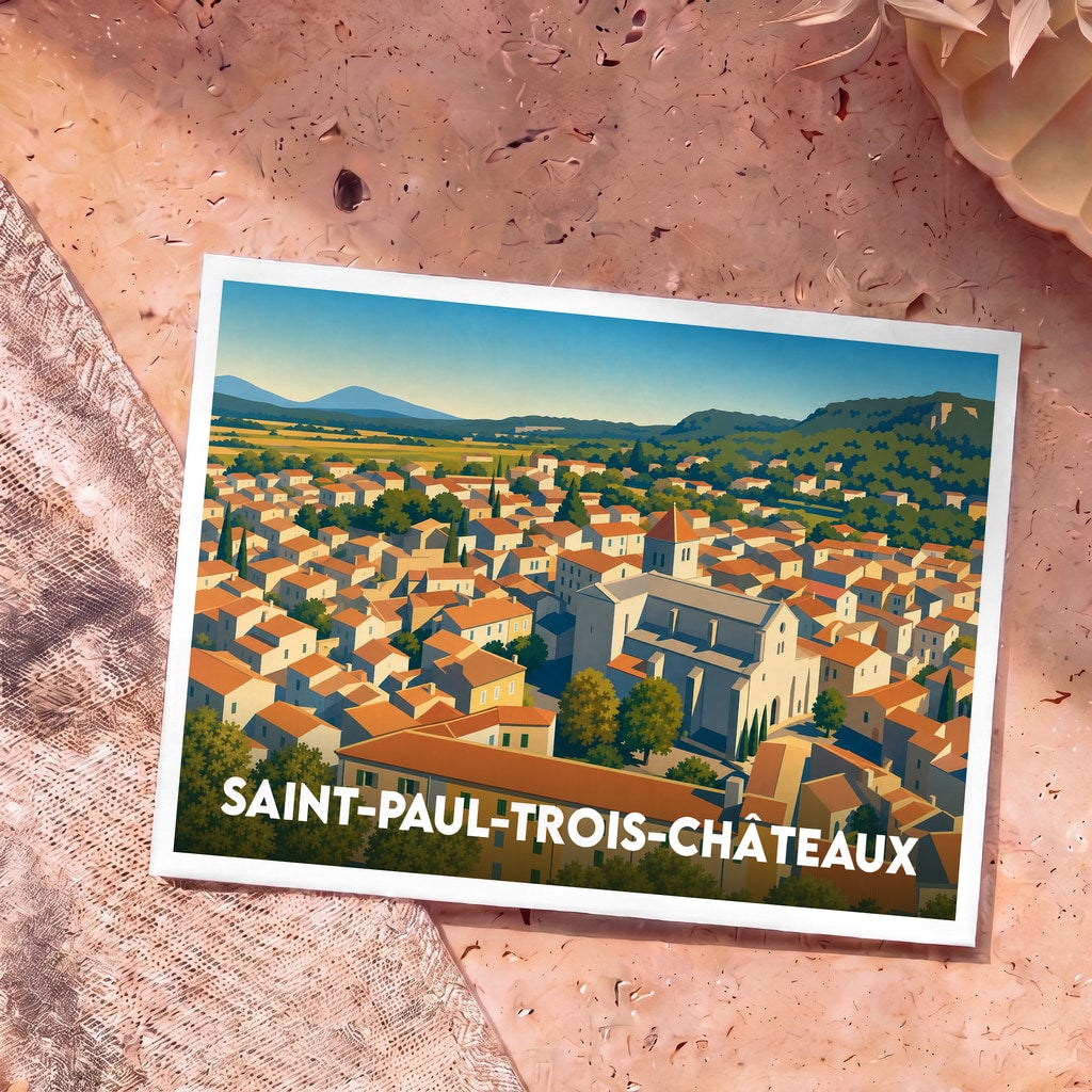 Carte postale souvenir de Saint-Paul-Trois-Châteaux présentant une illustration stylisée et colorée de la ville vue du ciel.