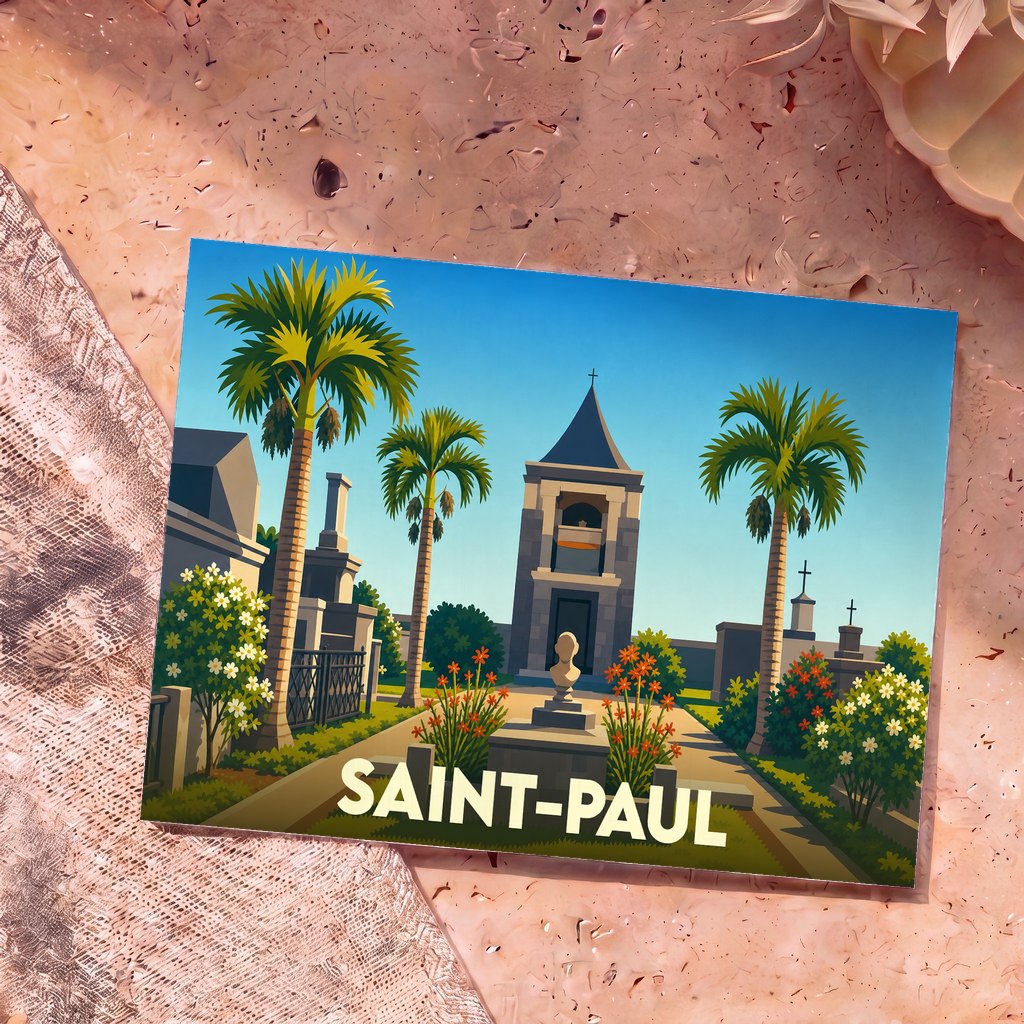 Carte postale souvenir de la ville de Saint-Paul illustrant son cimetière marin avec un style graphique épuré.