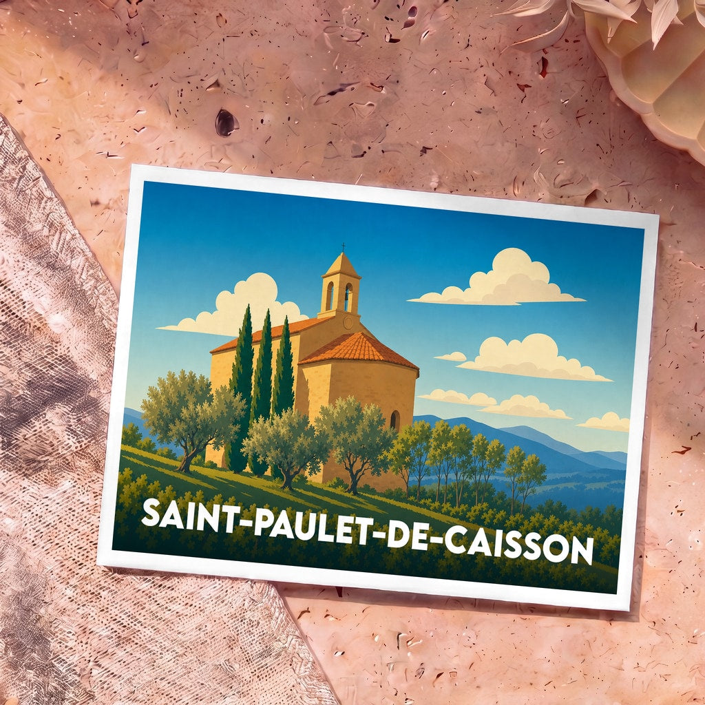 Carte postale souvenir de la ville de Saint-Paulet-de-Caisson illustrant une église provençale entourée de cyprès dans un style graphique épuré.