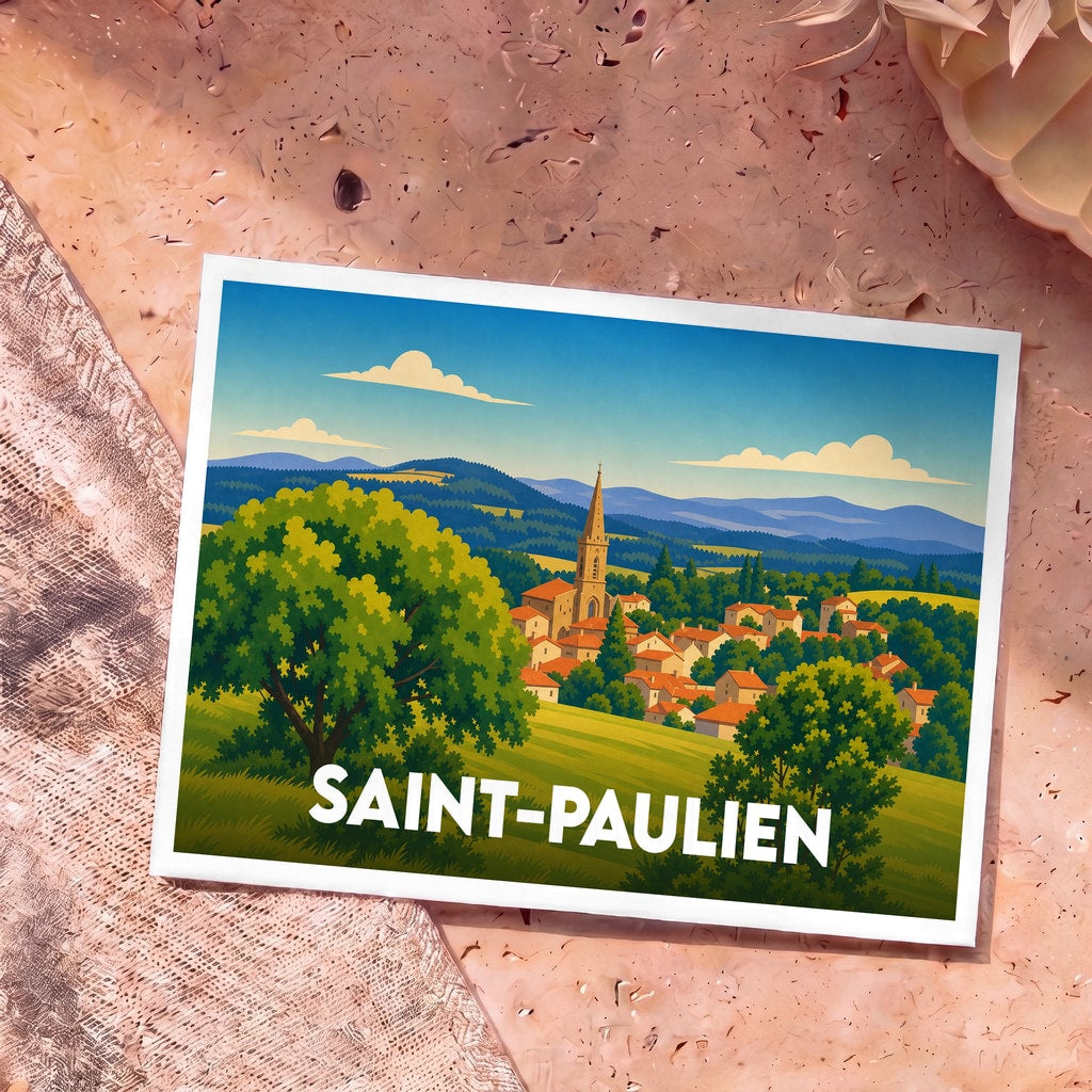Carte postale souvenir de la ville de Saint-Paulien avec une illustration de style vintage représentant le village et son église.