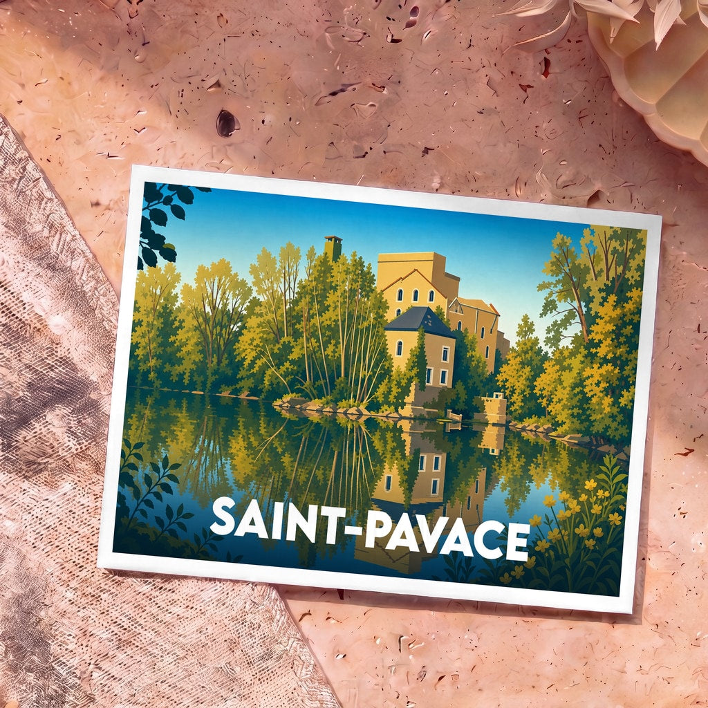 Carte postale souvenir de la ville de Saint-Pavace illustrant un bâtiment en bord d'eau avec un style graphique épuré.