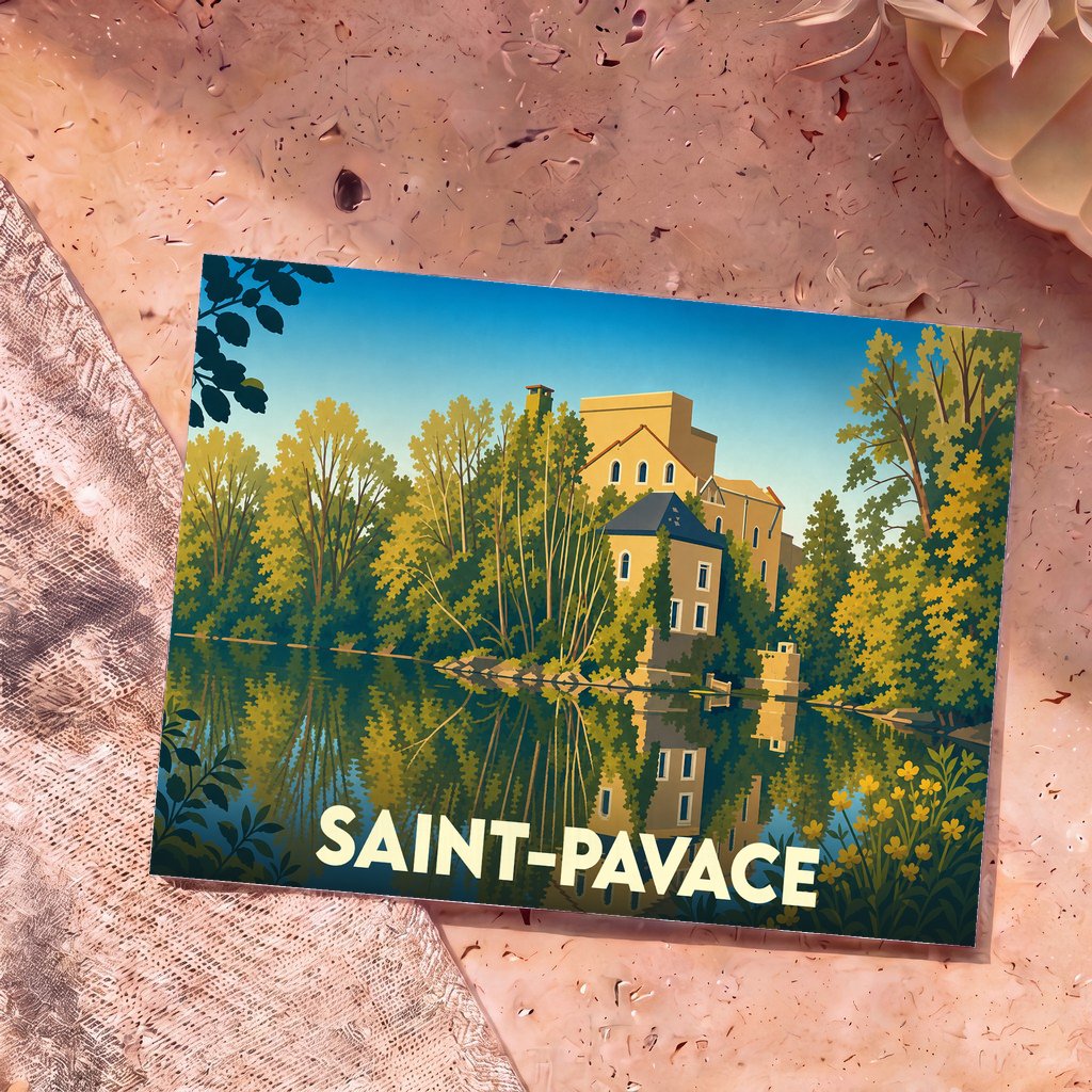 Carte postale souvenir de la ville de Saint-Pavace illustrant un bâtiment en bord d'eau avec un style graphique épuré.