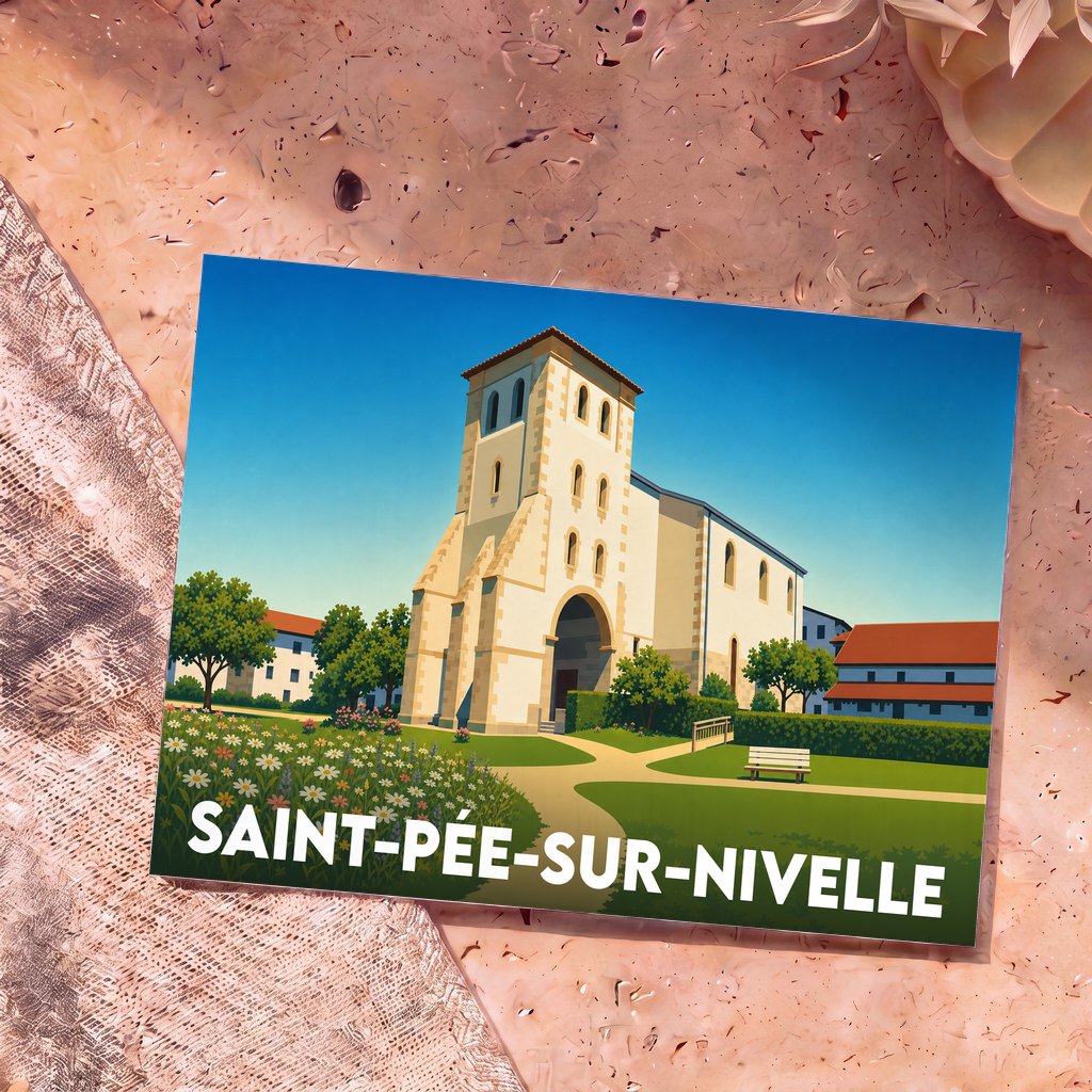 Carte postale souvenir de la ville de Saint-Pée-sur-Nivelle avec une illustration stylisée de son église.