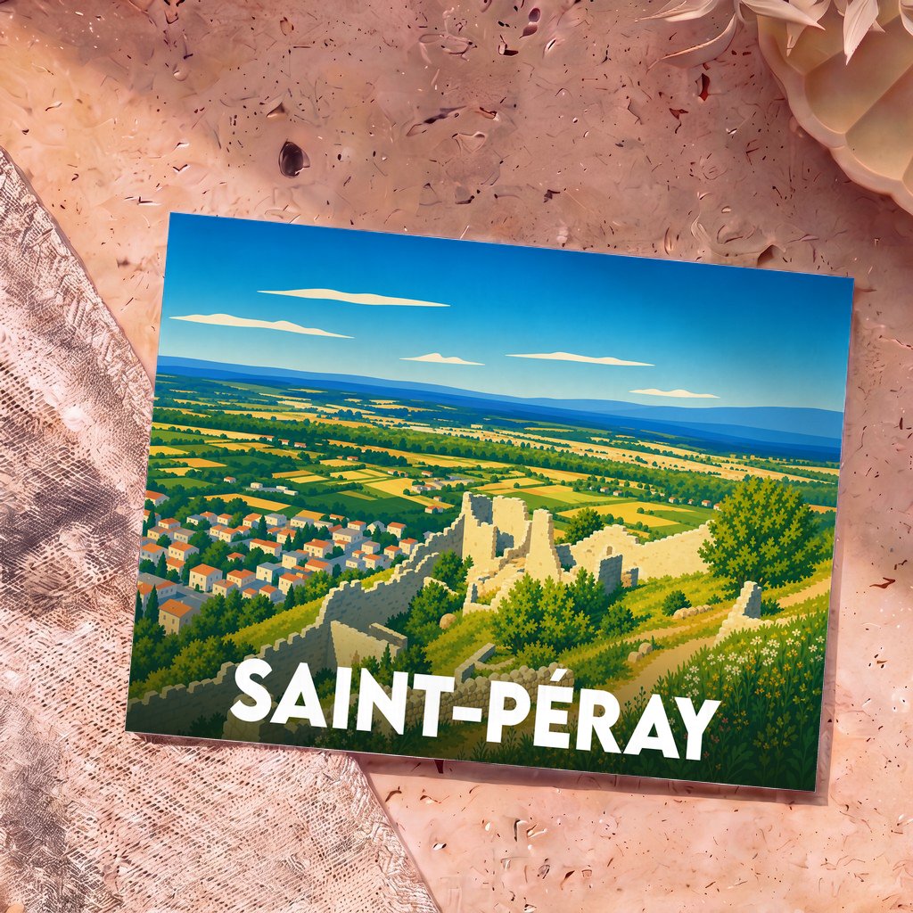 Carte postale souvenir de la ville de Saint-Péray avec une illustration stylisée des ruines du château de Crussol dominant la vallée.