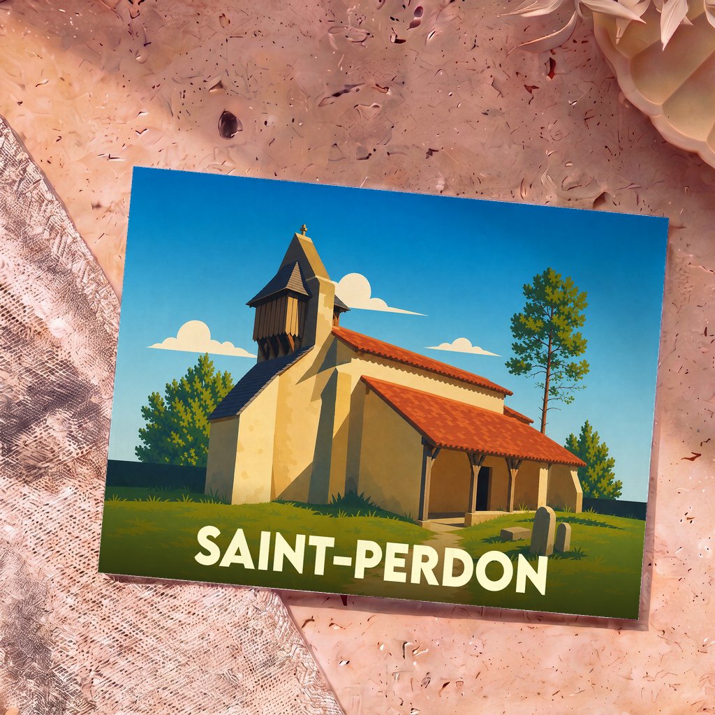 Carte postale souvenir de la ville de Saint-Perdon avec une illustration stylisée de son église.
