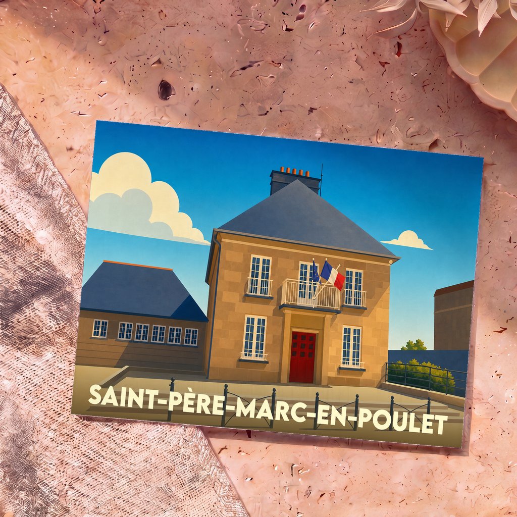 Carte postale souvenir de la ville de Saint-Père-Marc-en-Poulet avec une illustration stylisée de sa mairie.