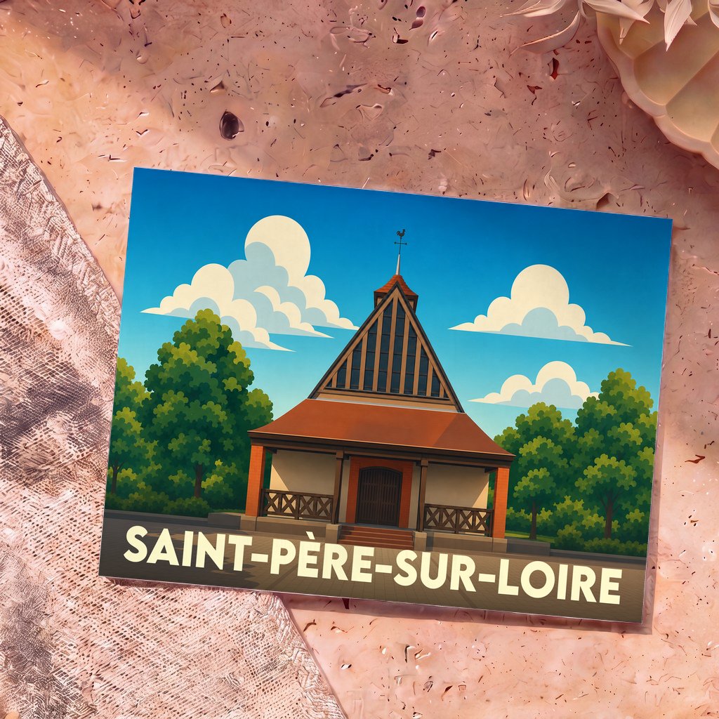 Carte postale souvenir de la ville de Saint-Père-sur-Loire avec une illustration stylisée de son église.