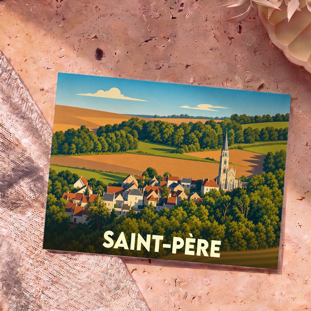 Carte postale souvenir de la ville de Saint-Père avec une illustration stylisée d'un village et de son église.