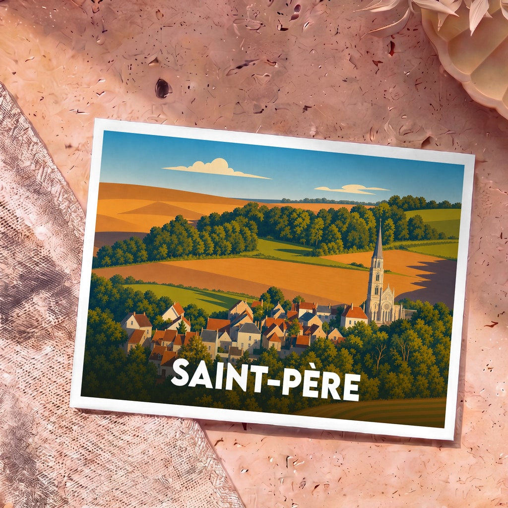 Carte postale souvenir de la ville de Saint-Père avec une illustration stylisée d'un village et de son église.