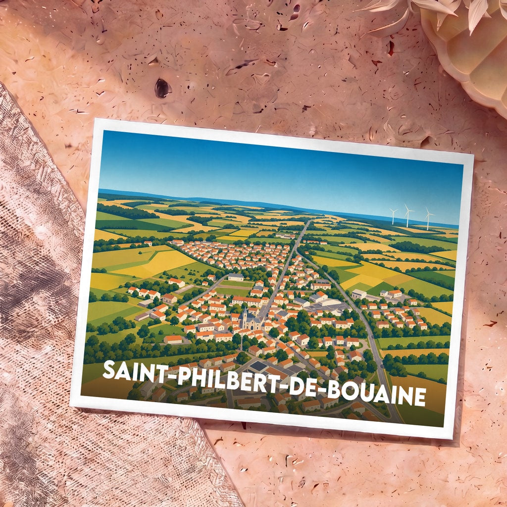 Carte postale souvenir de la ville de Saint-Philbert-de-Bouaine illustrant une vue aérienne stylisée de la commune et de ses campagnes.