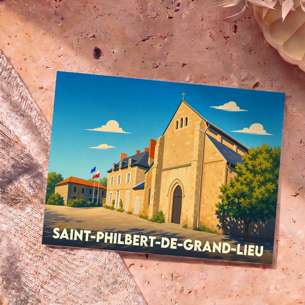 Carte postale souvenir de Saint-Philbert-de-Grand-Lieu avec une illustration stylisée de son abbatiale carolingienne.