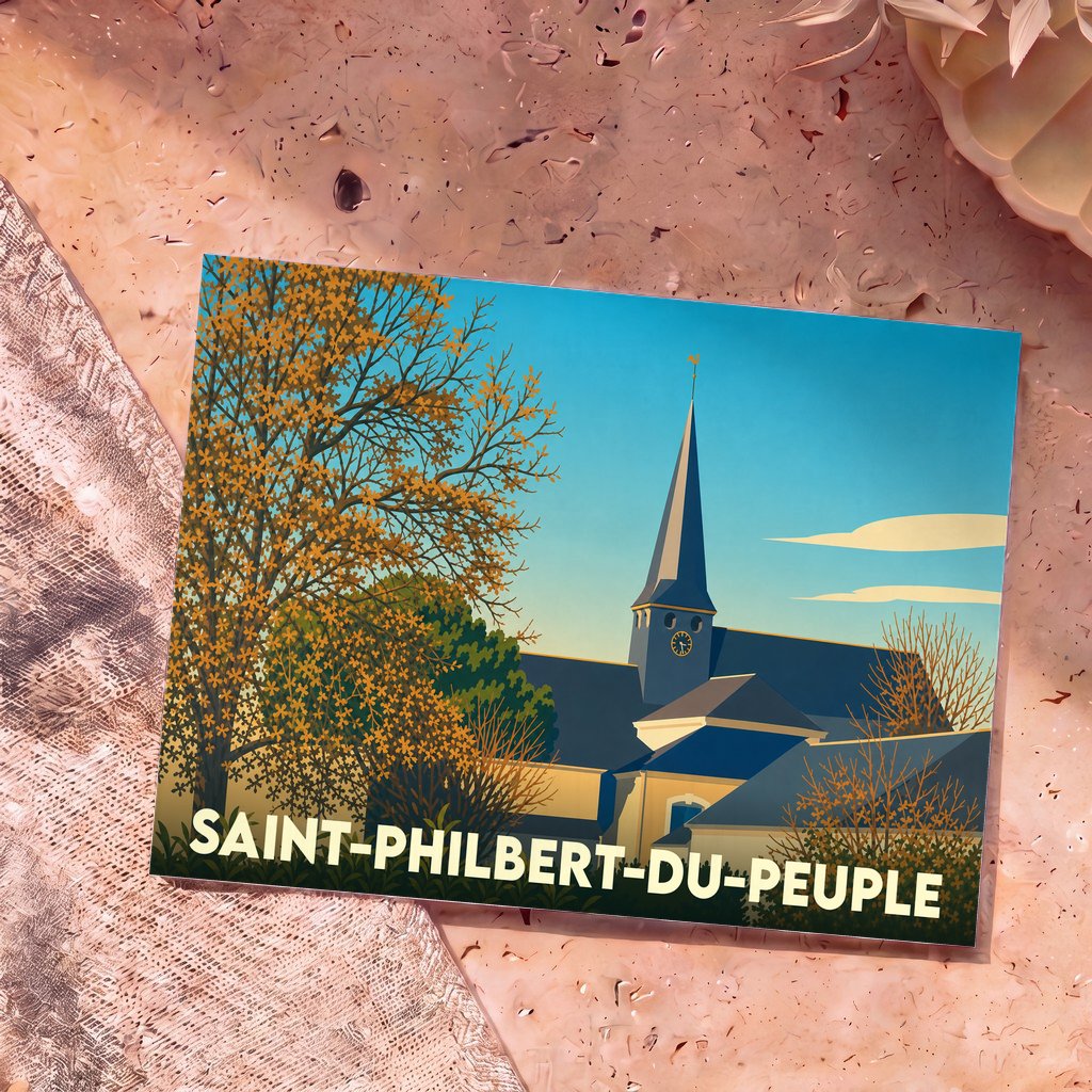Carte postale souvenir de la ville de Saint-Philbert-du-Peuple avec une illustration stylisée de son église.