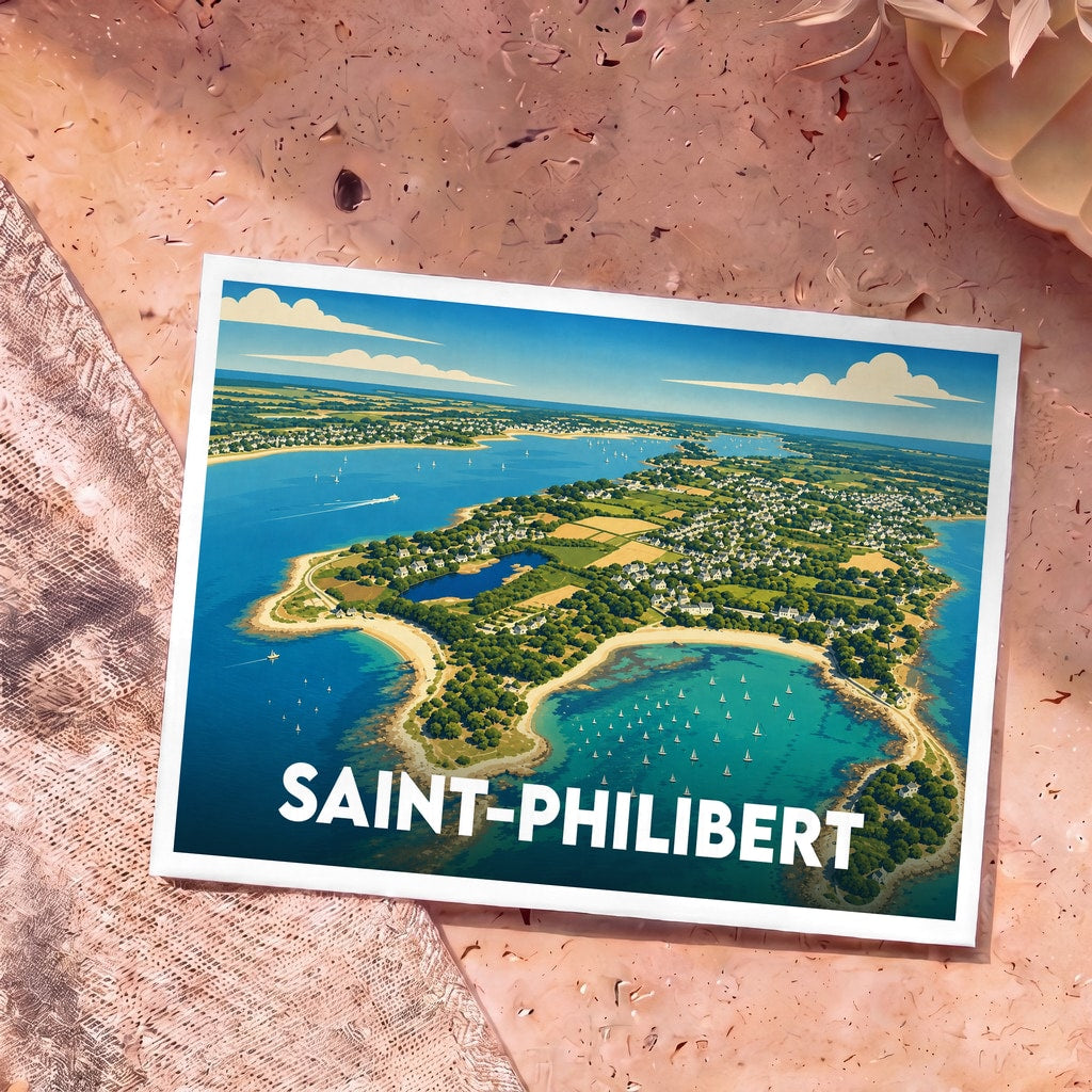 Carte postale souvenir de la ville de Saint-Philibert avec une illustration aérienne stylisée.