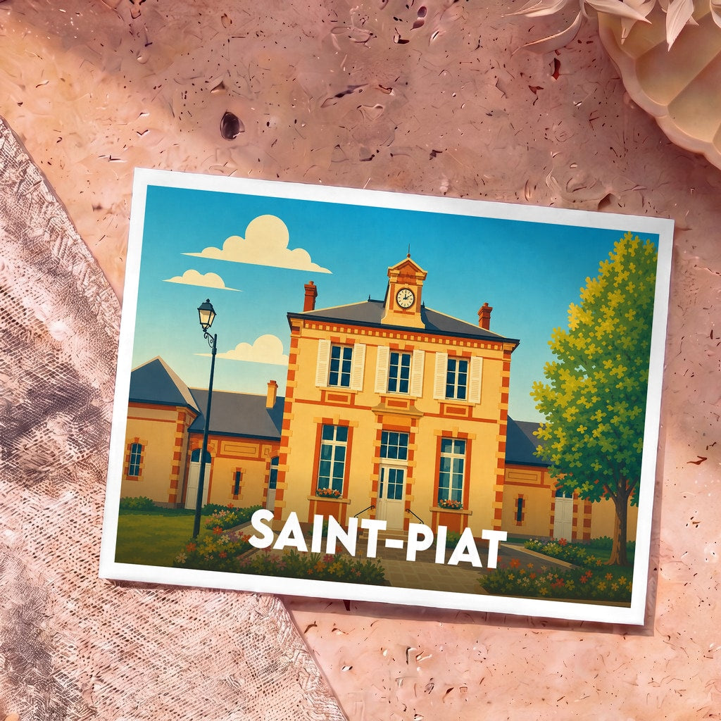 Carte postale souvenir de la ville de Saint-Piat avec une illustration stylisée de sa mairie.