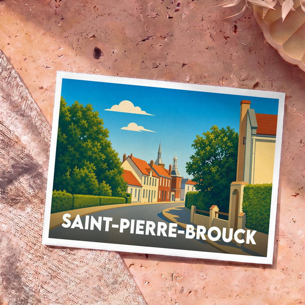 Carte postale souvenir de Saint-Pierre-Brouck arborant une illustration stylisée et colorée de la ville.