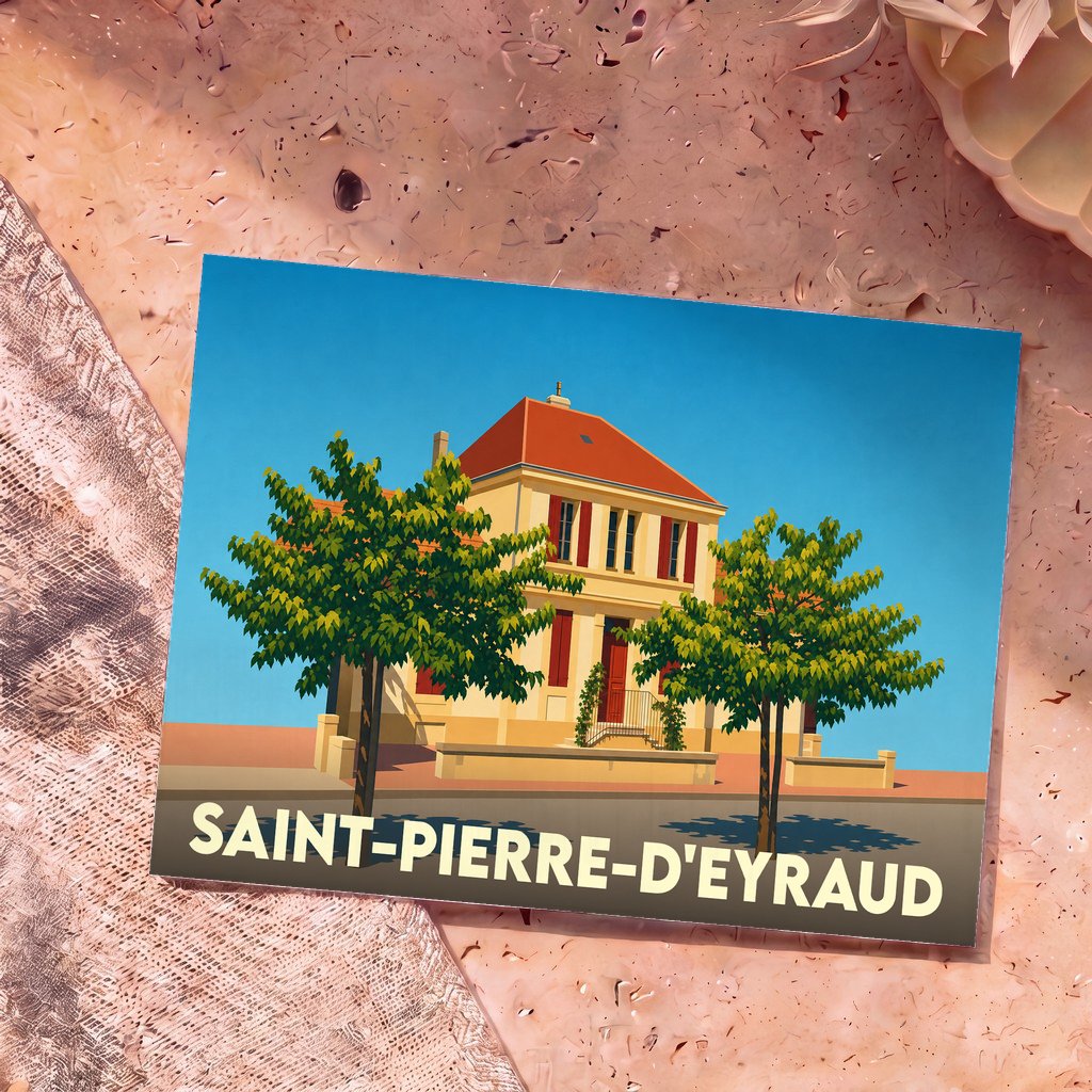 Carte postale souvenir de la ville de Saint-Pierre-d'Eyraud illustrant une grande maison bourgeoise entourée de deux arbres stylisés.