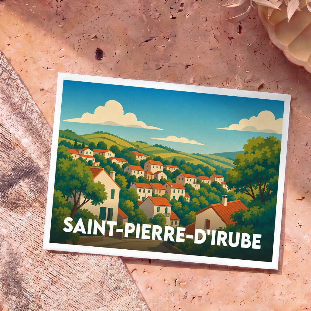 Carte postale souvenir de la ville de Saint-Pierre-d'Irube avec une illustration stylisée de maisons aux toits rouges dans un paysage vallonné.